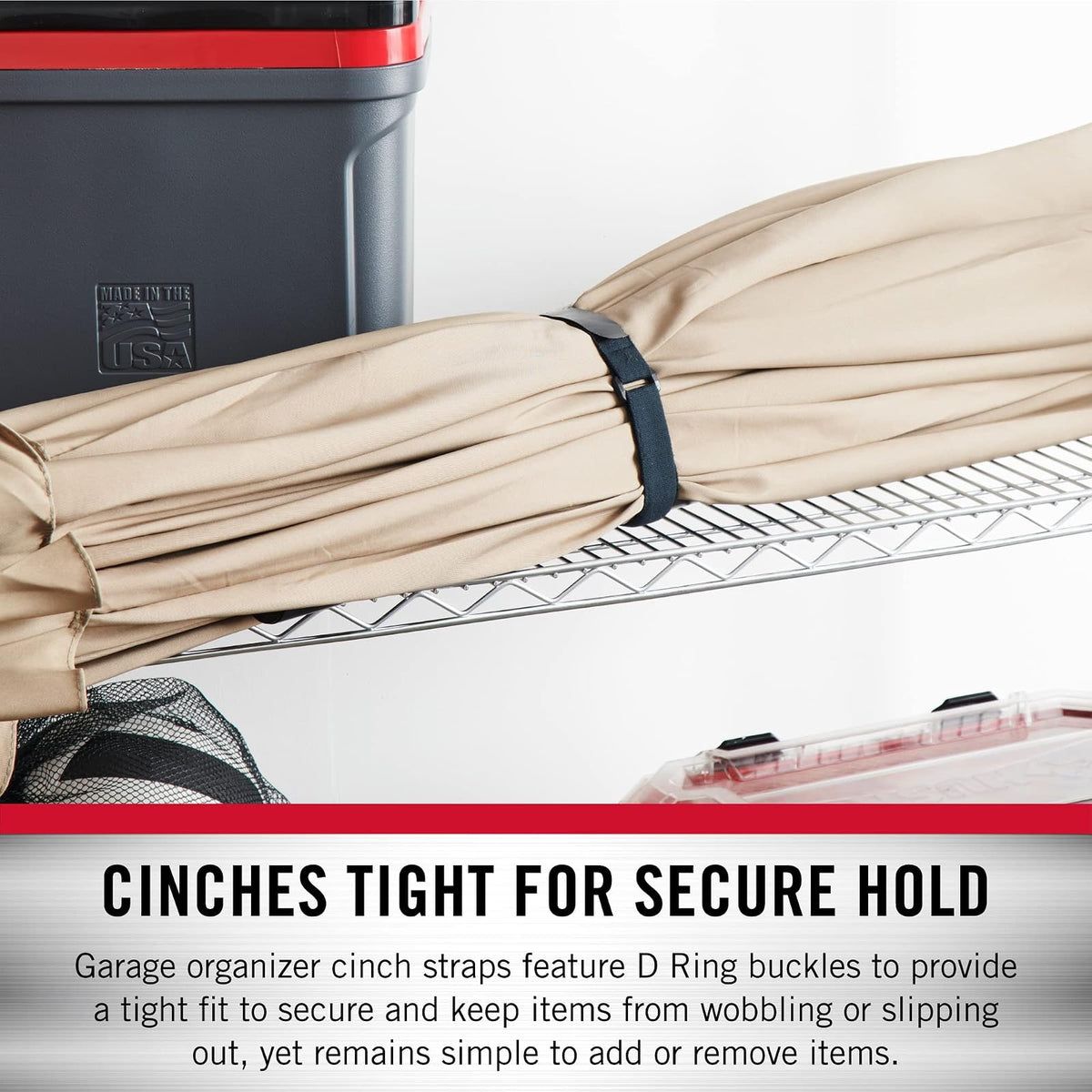 VELCRO Brand Garage Organization Correas elásticas de cincha, color negro | Correas reutilizables de 1 pulgada de ancho para agrupar postes y estacas, gestionar cables de herramientas eléctricas