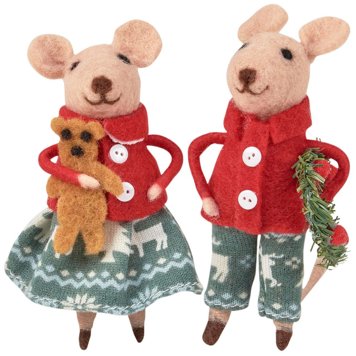Primitives by Kathy - Juego de Ratones coleccionables para el día de Navidad, Dos Ratones de Fieltro con Trajes navideños Festivos/celebración de Bonitos Acentos de Galletas de Jengibre y Corona de