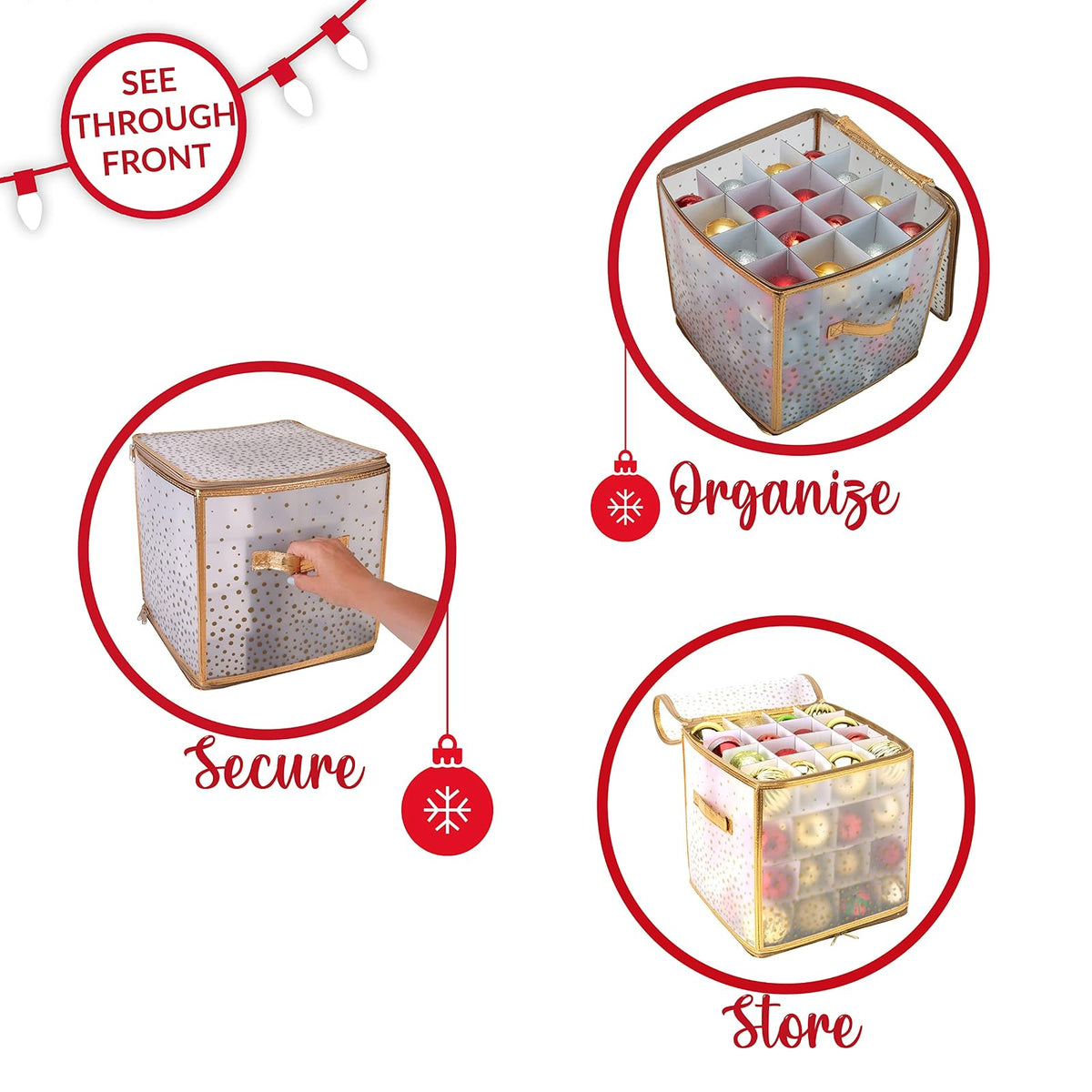 Simplify Caja de Almacenamiento de Adornos de 64 Unidades, plástico, Organizador Decorativo, contenedor de Almacenamiento, Dorado, 12 x 12 x 12 x 12 Pulgadas