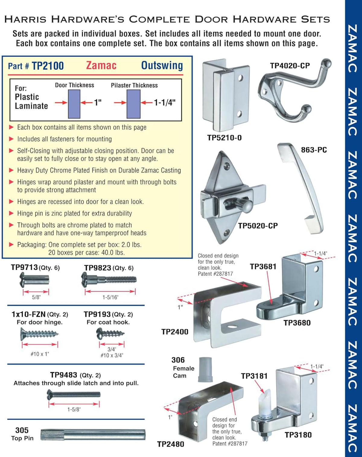 Harris Hardware TP2100 - Juego completo de accesorios para puerta de salida, 2,5 cm Puerta 1-1/4 pulgadas. Pilaster