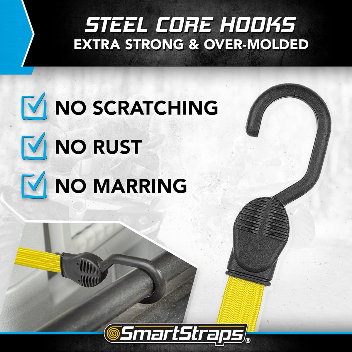 SMARTSTRAPS - 215 cuerdas elásticas SmartStraps (paquete de 10 unidades) – Equipaje seguro, enfriadores y otras cargas de luz para el transporte – Cables elásticos de correa plana que distribuyen la carga para reducir el deslizamiento