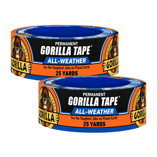 GORILLA Cinta adhesiva impermeable para todo tipo de clima, resistente a los rayos UV y a la temperatura, 1.9 pulgadas x 25 yardas, color negro (paquete de 2), 110028