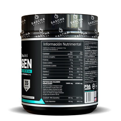 Sascha Fitness Multi Colágeno Hidrolizado | Ácido Hialurónico | Biotina | Cynatine HNS | Vitamina C & E - Sin Sabor