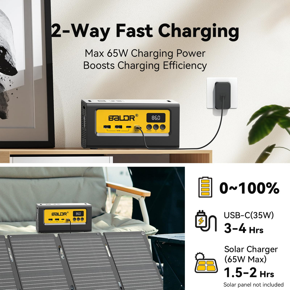 BALDR Estación de energía portátil de 28000 mAh, 90 Wh LiFePO4 batería de reserva para camping, generador solar de carga rápida con toma de CA de 150 W, banco de energía de máxima potencia para