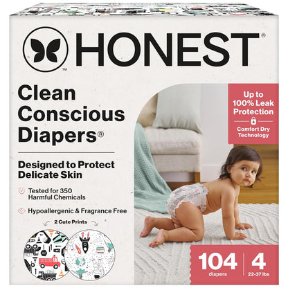 The Honest Company Pañales Clean Conscious, Hipoalergénicos, Sin Fragancia - Size 4 (104 Count) - Viajes Espaciales + Camiones Grandes