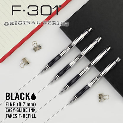 Zebra F-301 Bolígrafo retráctil de acero inoxidable, 7 mm, Negro, Paquete de 12