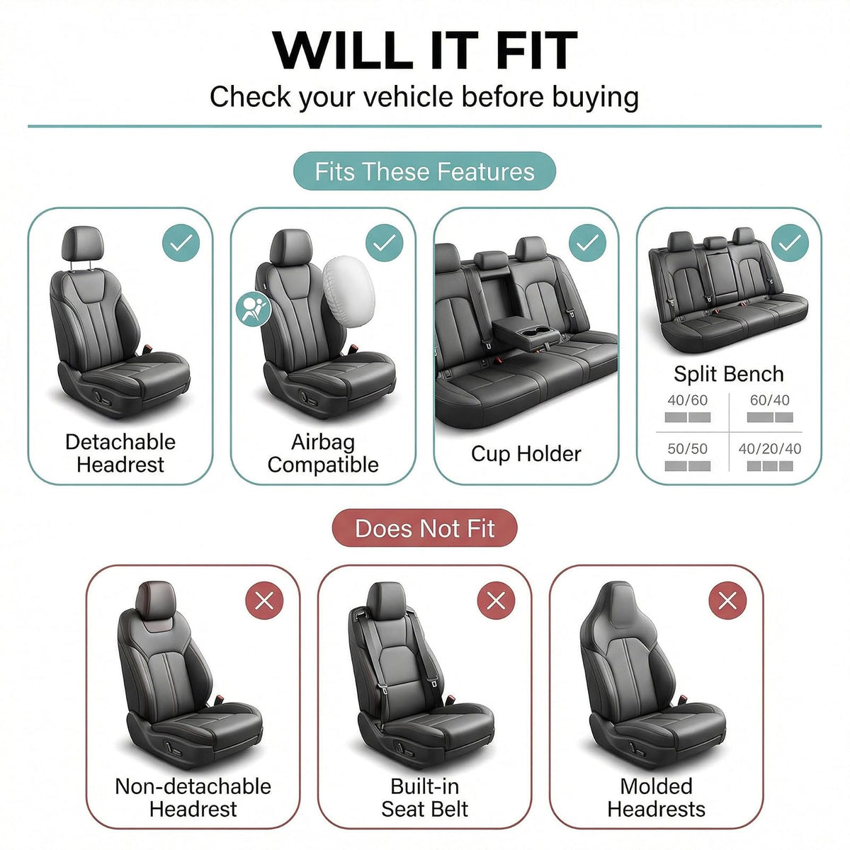 FH GROUP FB030GREEN115-SEAT Bucket Seat Cover and Bench Cover (Full Set Airbag Compatible with Split Bench Green)
