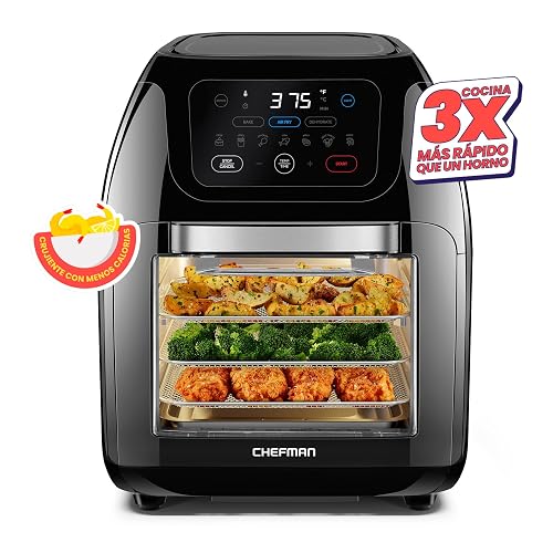 Chefman - Freidora digital multifuncional + asador, deshidratador, horno de convección, 17 preselecciones en pantalla táctil para freír, asar, deshidratar y hornear accesorios incluidos, L 10L, negro