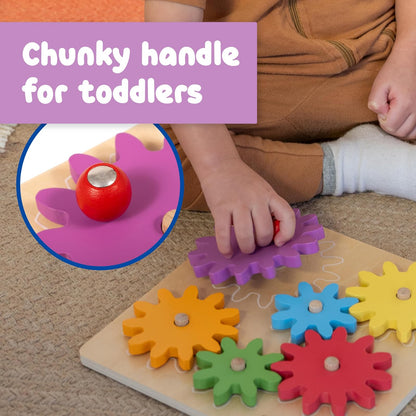 SPARK & WOW Spinny Gears - Tabla de Engranajes de Madera con 6 Piezas en 3 tamaños - Rompecabezas de Engranajes para niños - CREA Combinaciones Coloridas y giratorias