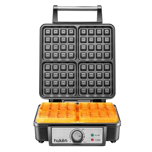 Hukën x MasterChef | Wafflera Belga Eléctrica Heat+ Premium 4 Rebanadas | Perilla de Temperatura Ajustable | Diseño de Acero Inoxidable | Luces de Encendido y Listo | Antiadherente de Alto Nivel