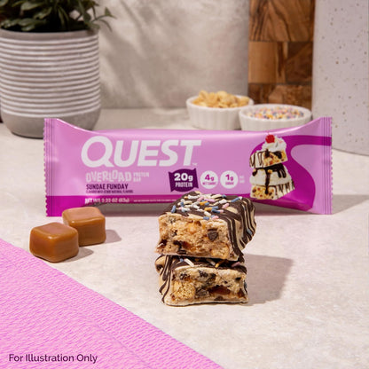 Quest Nutrition Overload Barra de Proteína sabor Sundae Funday | 20g de Proteína, 1g Azúcar | Gluten Free | Caja con 12 barras