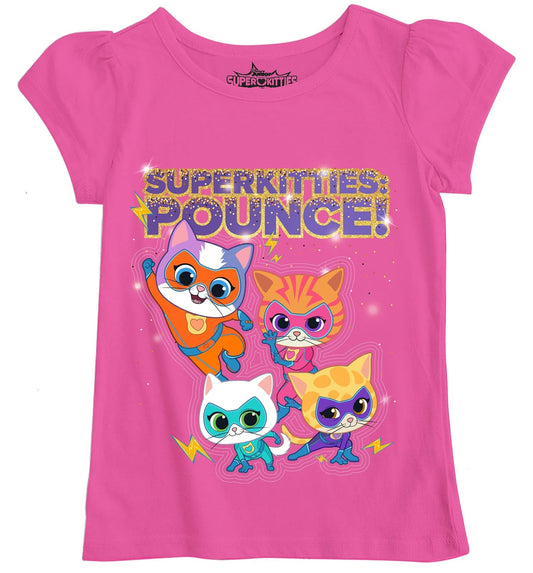 Disney Juniors Super Kitties - Playera de Manga Corta para niñas, Ginny, Sparks, Bitsy, Buddy, Rosa Intenso(01)