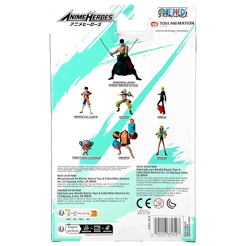 ANIME HEROES - Roronoa Zoro, Figura de Acción, One Piece, 16.5 cm (6.5") | Tres Espadas, 20+ puntos de articulación, coleccionable oficial Bandai, para fans del anime