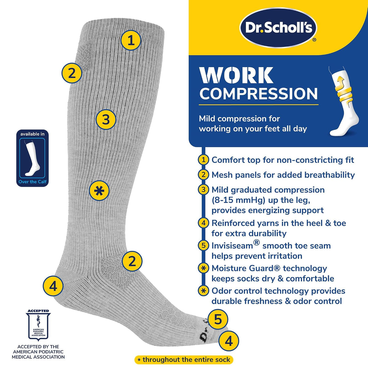 Dr. Scholl's Athletic & Work Compression Over the Calf Socks - 1 & 3 Pairs - Fatigue Relief Calcetín Hombre