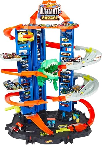 Hot Wheels City Pista de Juguete Ultimate Garage Robo T-Rex 5+ Años | Mide 1 metro; estaciona más de 100 autos, ascensor y modo multijugador