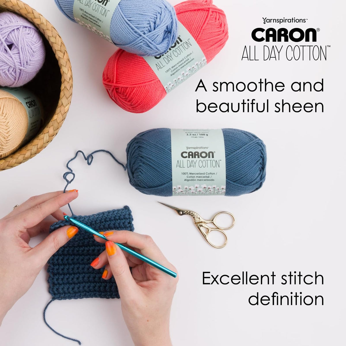 Caron All Day Cotton Mercerizado | Paquete de 3 hilos, 100g/3.5oz, 173 yardas, color perfecto para proyectos