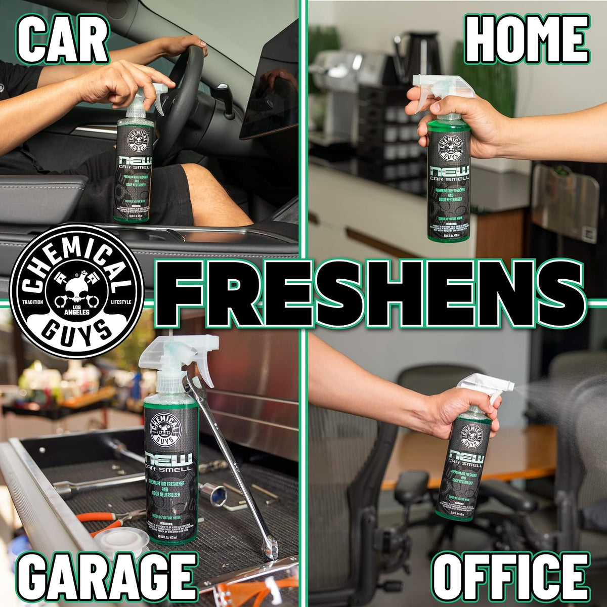 Chemical Guys New Car Smell Ambientador y Eliminador de Olores Premium, Aroma Duradero, Ideal para Automóviles, Camiones, Todoterrenos, Autocaravanas y Más, 2 x 473 ml