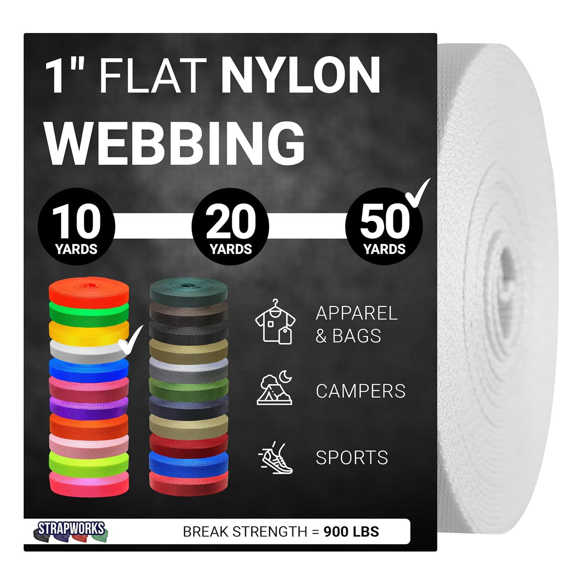 Strapworks Correa de Nylon Plana para Manualidades y Correas - 1" x 50 yard - Blanco
