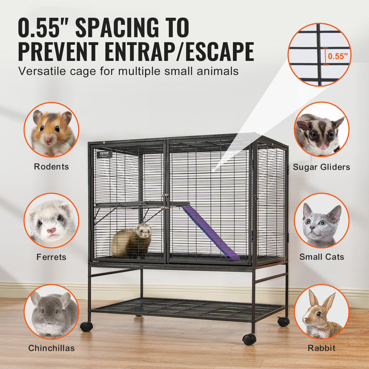 VEVOR Jaula de hurón de Metal rodante de 39 Pulgadas, Jaula Grande de 2 Niveles, Jaula de Animales pequeños con rampas y Bandeja, fácil de Instalar para Ratones de Mascotas, hámster, Conejillo de