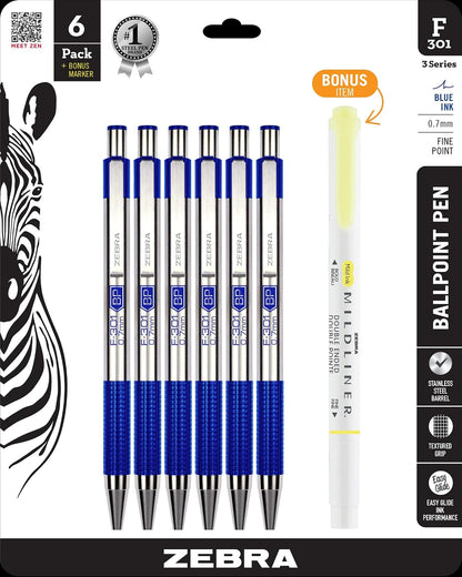 Zebra F-301 Bolígrafo Retráctil con Resaltador Mildliner, Barril de Acero Inoxidable - Azul - 6