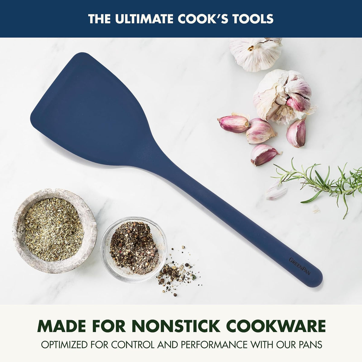 GreenPan Espátula de silicona sólida, utensilio de cocina giratorio, utensilios de cocina antiadherentes de goma flexible, núcleo de acero rígido, resistente al calor, mango antideslizante