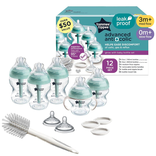 Tommee Tippee Set de Biberones Advanced Anticólicos, Recién Nacido 0m+ | 12 Piezas, Biberones 150ml y 260ml, Tetinas Tipo Pecho Flujo Lento y Medio, Asas, Cepillo, Mamila Libre de BPA