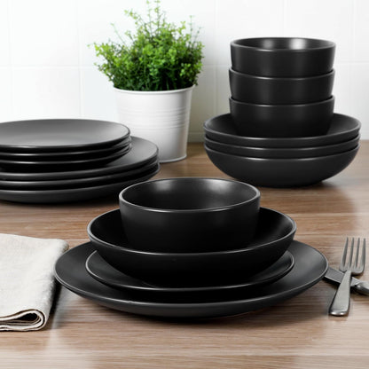 Gibson Home Queenslane - Juego de vajilla de 16 platos y cuencos dobles - Negro mate