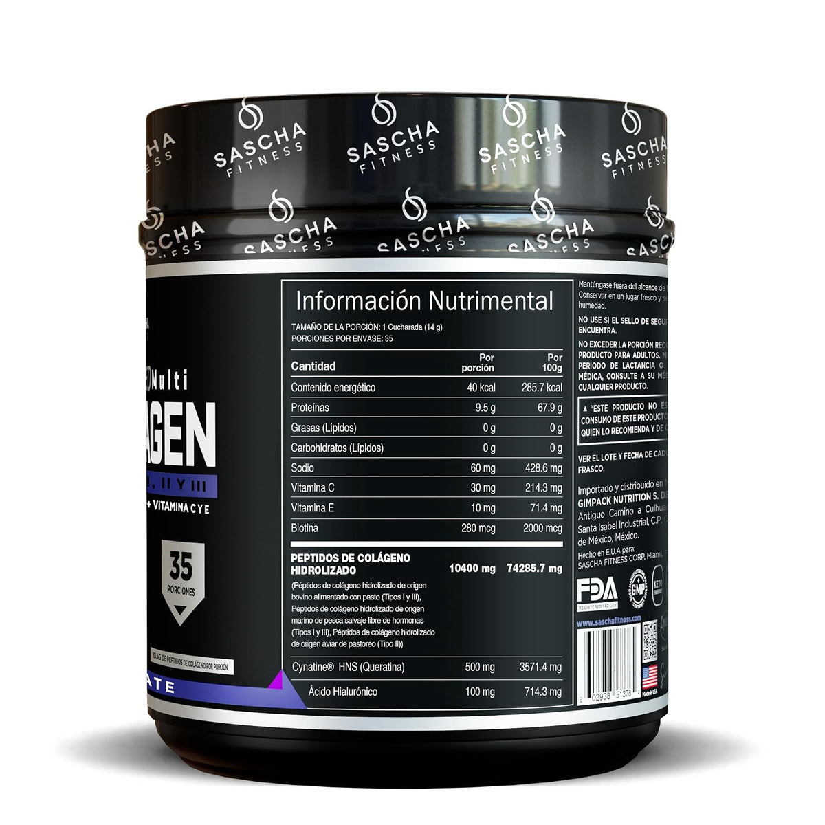Sascha Fitness Multi Colágeno Hidrolizado | Ácido Hialurónico | Biotina | Cynatine HNS | Vitamina C & E - Sabor Chocolate