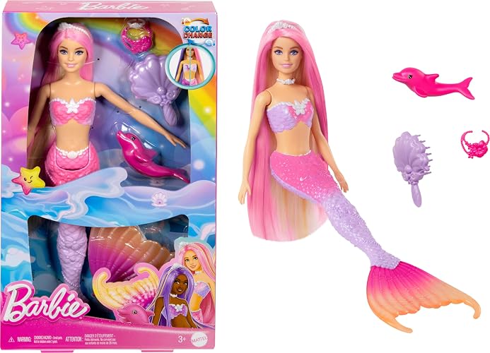 Barbie Fantasía Muñeca Sirenas Colores Mágicos Cabello Rosa para niñas de 3 años en adelante