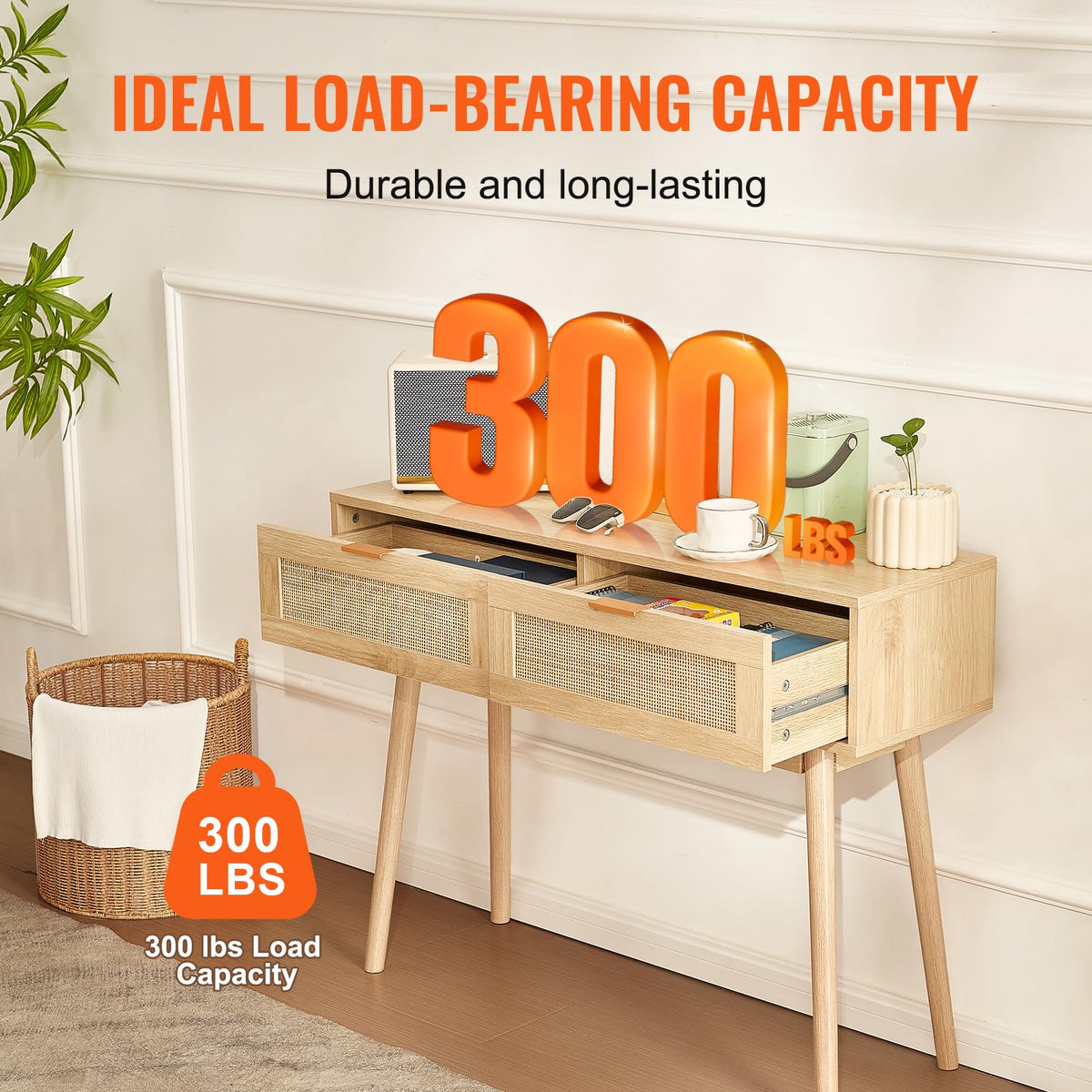 VEVOR Mesa Consola de ratán con 2 cajones de Almacenamiento, Mesa de Entrada de ratán con Puerta corrediza de ratán Natural, Mesa Consola de sofá para Sala de Estar, Entrada o Pared de TV, Natural