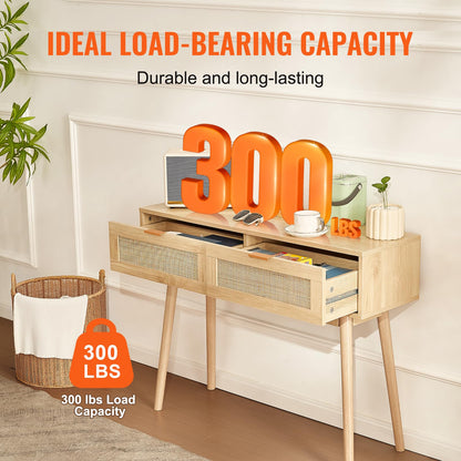 VEVOR Mesa Consola de ratán con 2 cajones de Almacenamiento, Mesa de Entrada de ratán con Puerta corrediza de ratán Natural, Mesa Consola de sofá para Sala de Estar, Entrada o Pared de TV, Natural