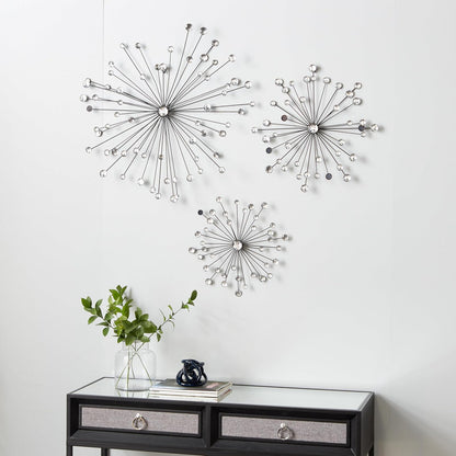 Benzara Metal Wall Art - Cuadro Decorativo para Pared, Color Negro y marrón, 96.52 cm x 96.52 cm, Gemas claras - Juego de 3, Negro, Transparente, 1