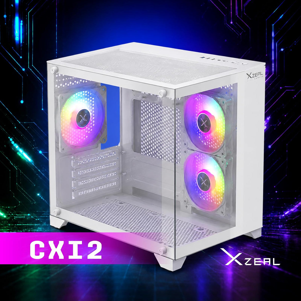 Gabinete Gamer M-ATX/M-ITX Micro Tower Blanco con 3 Ventiladores ARGB Vidrio Templado CXi2 Xzeal
