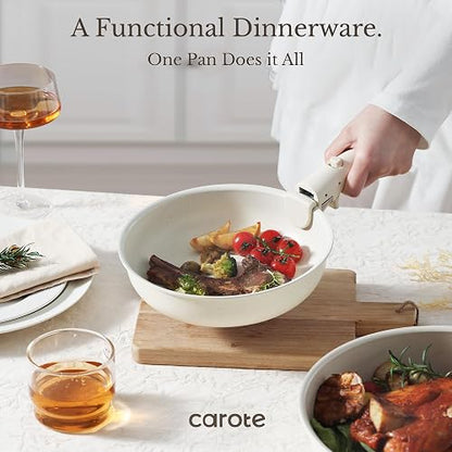 CAROTE – Batería de Cocina 15 Piezas, Ollas y Sartenes Antiadherentes, Mango Desmontable, Apto para Horno, Color Granito Blanco, Compatible con Inducción y Gas