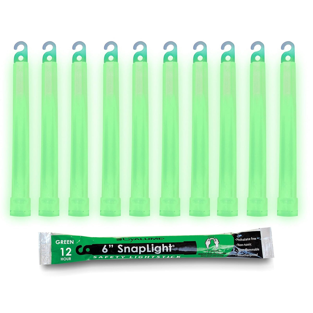 Cyalume - Green Glow Sticks: 12 horas de luz brillante de primera calidad, barras de luz SnapLight de 6 pulgadas para una variedad de usos (paquete de 10)