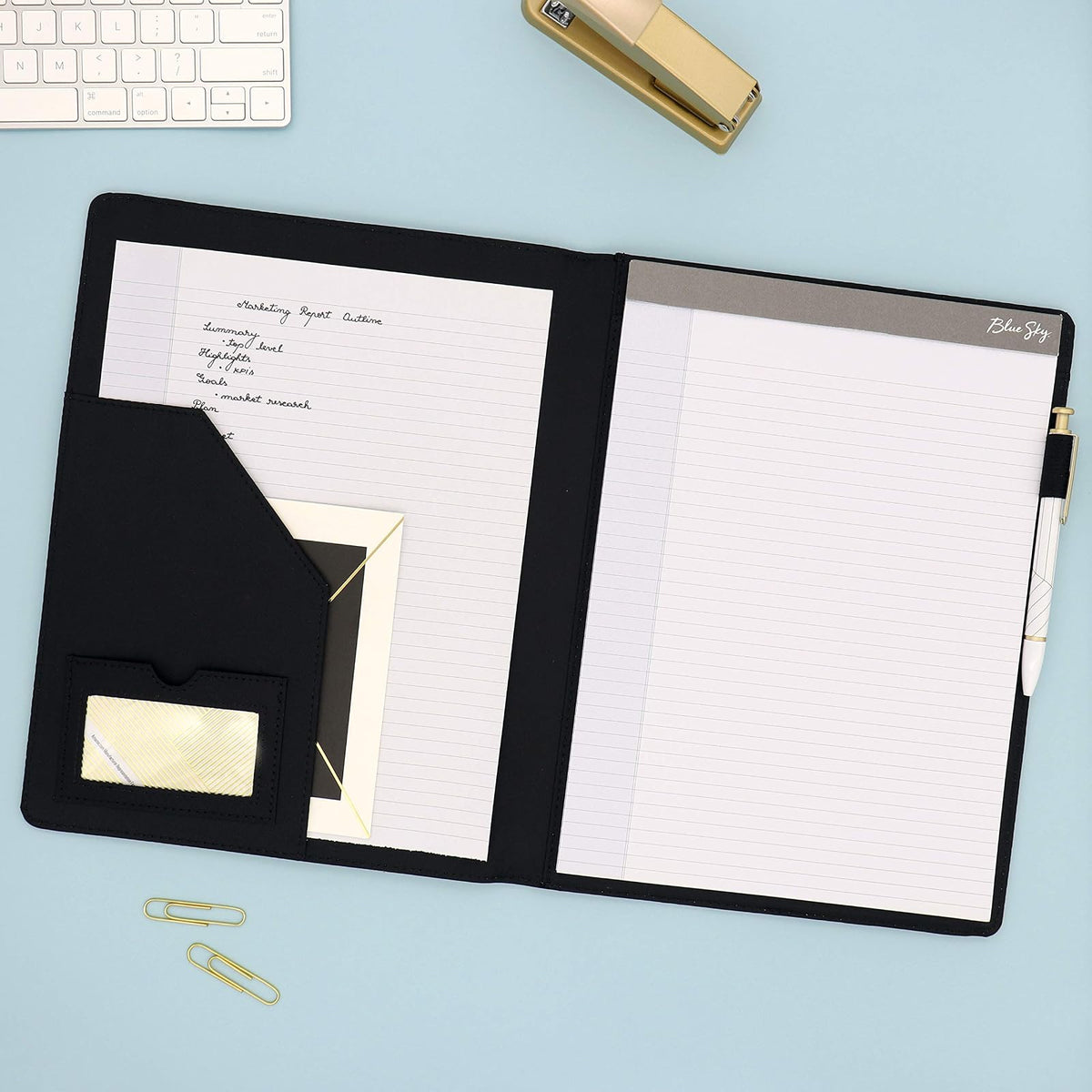 Cielo azul profesional piel Pad Folio, 24,1 x 30,5 cm Negro, Papel Bloc de notas incluido (14714)