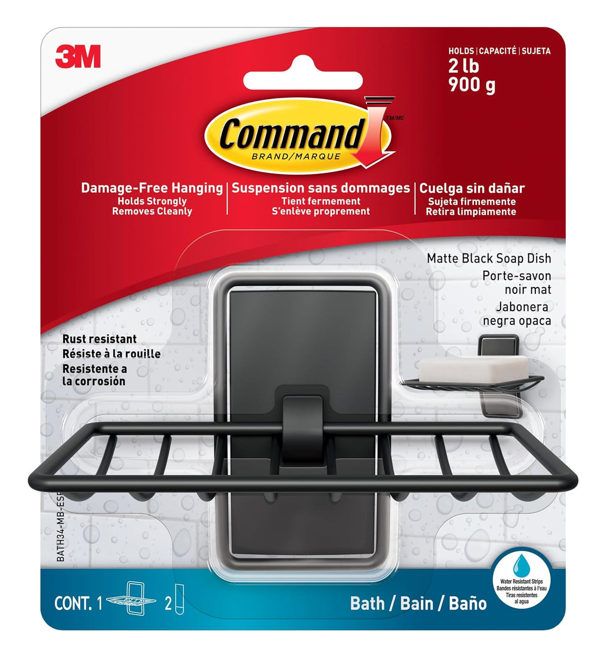 Command - Jabonera para Ducha, sin daños y sin Herramientas para organización de baño, 1 Plato Negro Mate y 2 Tiras de Comando Resistentes al Agua