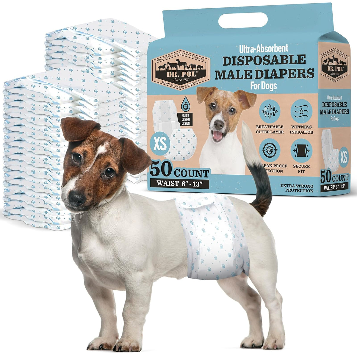 Dr. Pol - Pañales para Perros Macho, superabsorbentes, Transpirables, a Prueba de Fugas con indicador de Humedad, XS, 50 Unidades