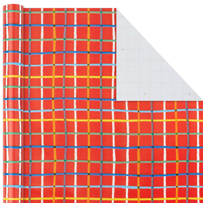 Hallmark - Paquete de papel de regalo de cumpleaños con líneas cortadas en el reverso (paquete de 3: 55 m2) pies ttl.) Estampados y patrones y holográficos en rojo, azul, amarillo, blanco y