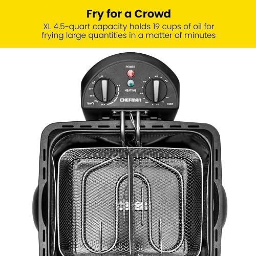 Chefman - Freidora doble Cook Pro de 4.5 L con colador de cesta y divisor extraíble, tamaño jumbo XL, temperatura ajustable y temporizador, perfecta para pollo, patatas fritas, patatas fritas y más,