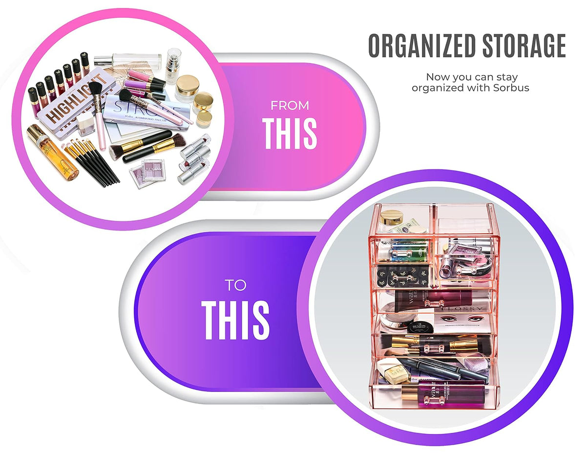 Sorbus Acrylic Makeup Organizer - Organization and Storage Case for Cosmetics Make Up & Jewelry - Big Clear Makeup Organizer for Vanity, Bathroom, College Dorm, Closet, Desk (3 Large, 4 Small Drawers)
