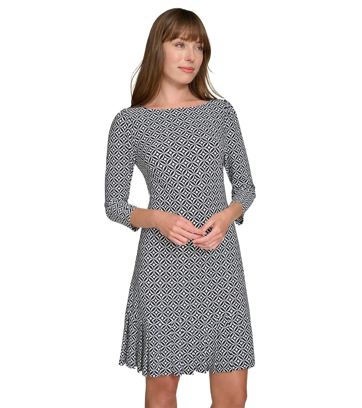 Tommy Hilfiger Pleated Hem Round Neck Printed Jersey Shift Dress Vestido Mujer