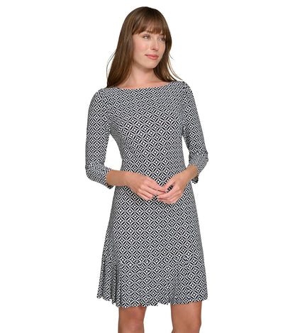 Tommy Hilfiger Pleated Hem Round Neck Printed Jersey Shift Dress Vestido Mujer