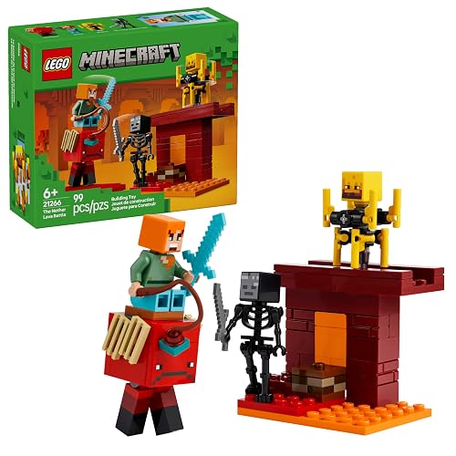 LEGO® Minecraft® La Batalla de Lava del Inframundo Fortaleza Juguete construible, Figuras de Alex, Esqueleto de Wither, Blaze y Caminante, Bosque Carmesí, para niños de 6 años o más 21266
