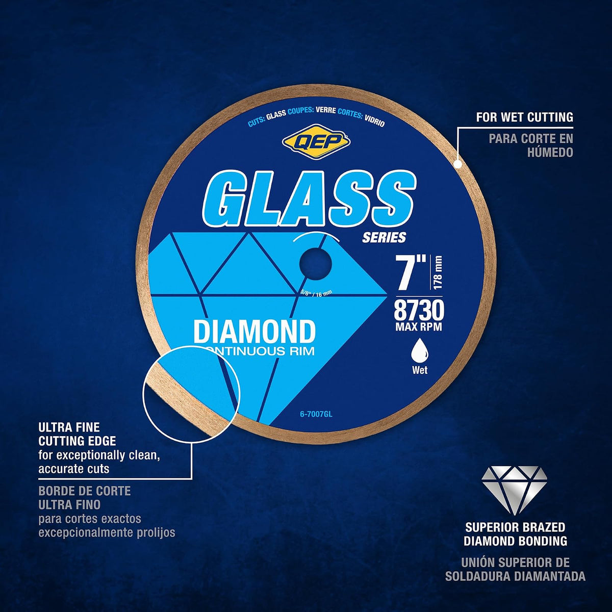 QEP 6-7007GL Hoja de diamante de vidrio de llanta continua de 7 pulgadas, altura de llanta de 7 mm, eje de 5/8 pulgadas, corte húmedo, 8730 RPM máximas