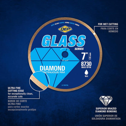 QEP 6-7007GL Hoja de diamante de vidrio de llanta continua de 7 pulgadas, altura de llanta de 7 mm, eje de 5/8 pulgadas, corte húmedo, 8730 RPM máximas