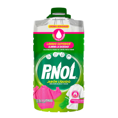 PINOL Jabón liquido potencializador de detergente para ropa blanca y de color 5.1 L.