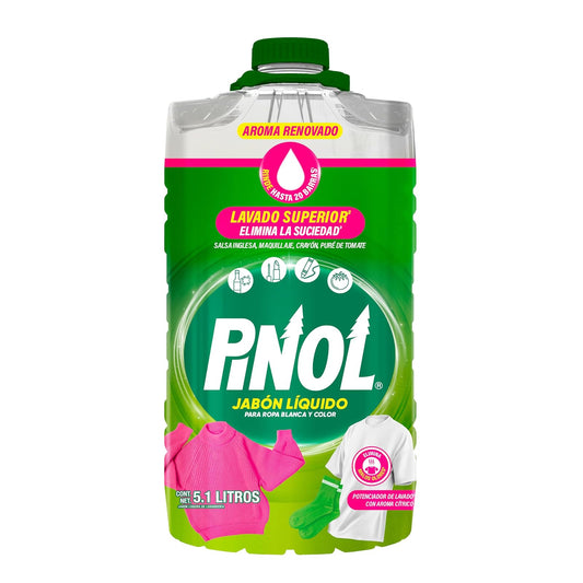 PINOL Jabón liquido potencializador de detergente para ropa blanca y de color 5.1 L.