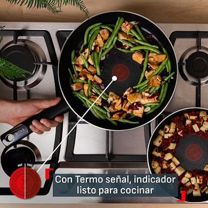 T-fal Juego de 3 Sartenes de 20, 24 y 30 cm Hard Titanium Plus con antiadherente titanium 2X, altamente resistente con Termo Señal y difussion base, mango ergonómico y muy compatible, negro, C3829082