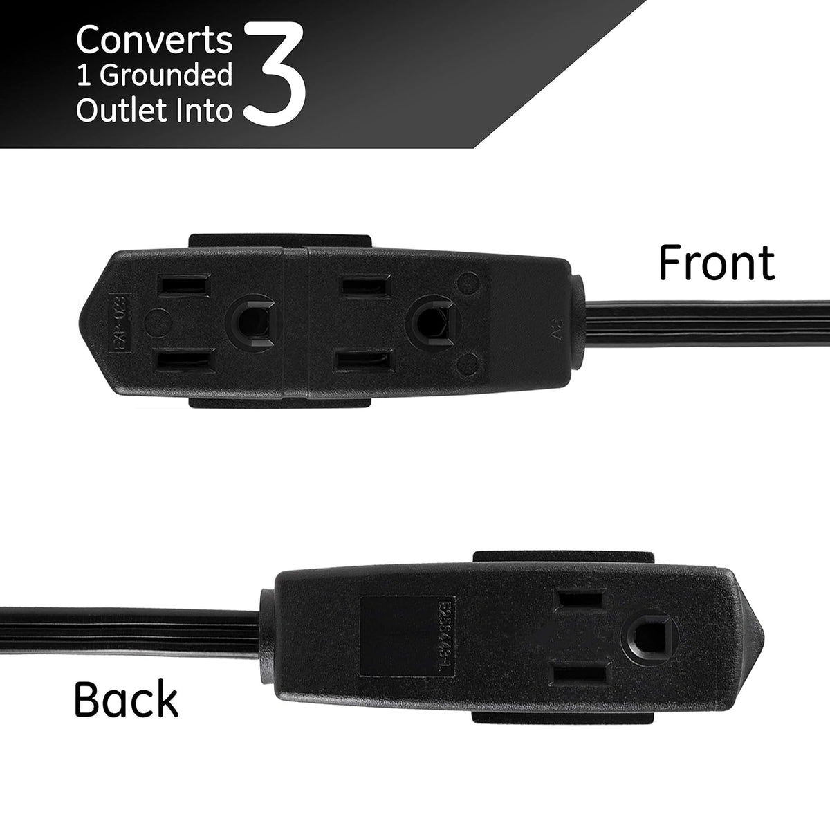 GE 56987 - Cable de extensión plano de 3 tomacorrientes con múltiples tomas, extensor de enchufe de 3 puntas, calibre 16 UL Listed Black